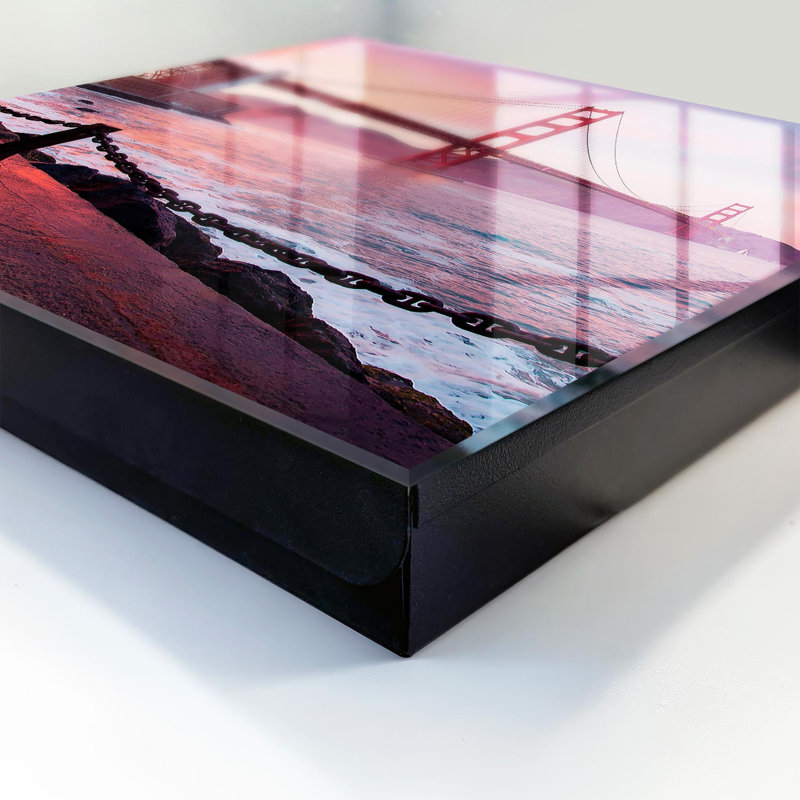 Wall mounted key box, Opens to the right, 30x30x5, Black, A bridge over the water in pink colors, 