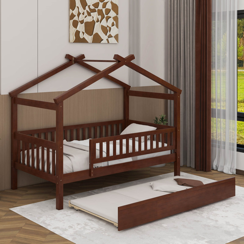 Lit simple en bois avec lit gigogne, Noyer, Lit simple