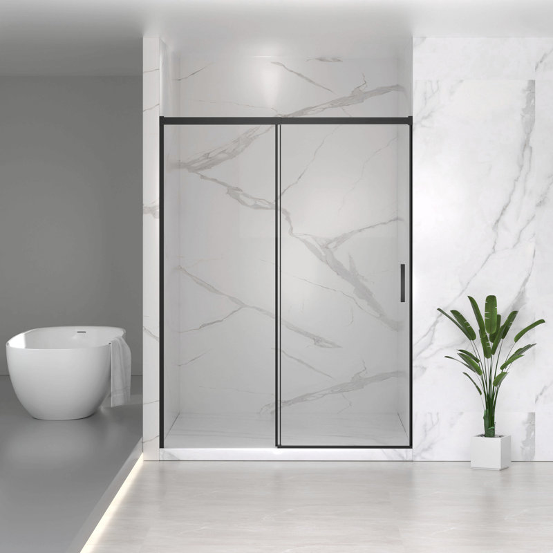 Porte de douche coulissante semi-sans cadre l 56 à 60 po x H 74 po, verre trempé clair Sgcc de 1/4 po (6 mm), fini noir mat, largeur réglable - aucune découpe requise