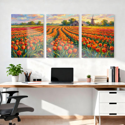 Ensemble de 3 tableaux sur toile représentant un champ de tulipes, idéal pour décorer un salon, une chambre ou toute autre pièce de la maison.