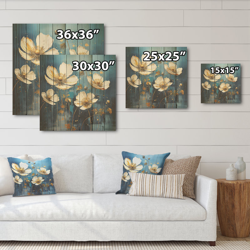 Les boutons d'or sont représentés sur un fond - Art mural en bois sur bois de pin naturel, H 15 po x l 15 po