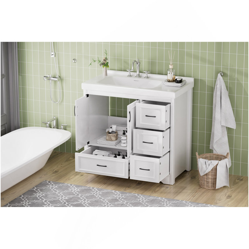 Meuble-lavabo 36 po avec lavabo simple, meuble-lavabo sous-comptoir moderne avec 2 portes et 4 tiroirs. Blanc, l 35,8 po x P 19,7 po x H 35,4 po.