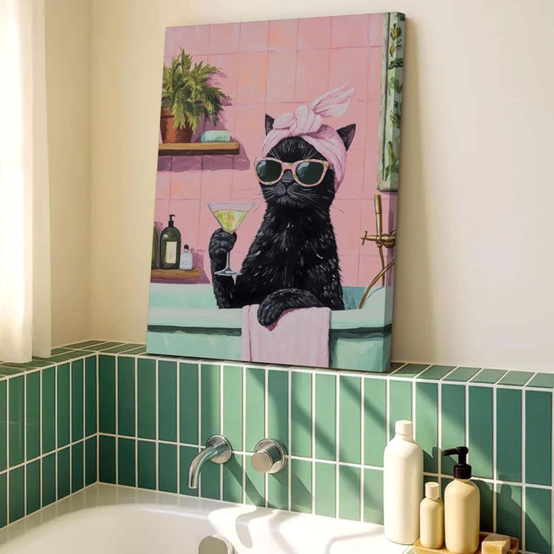 Funny Bathroom Black Cat Canvas Wall Art Cute Cat In Bathtub Poster Print Whimsical Animal Painting Pink Trendy Bathroom Picture Artwork Wall Decor For Bedroom Living Room Toilet Framed