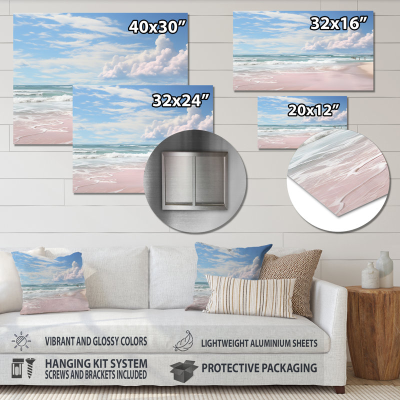 Décoration murale en métal rose, paysage de plage III - paysages, H 12 po x l 20 po x P 1 po