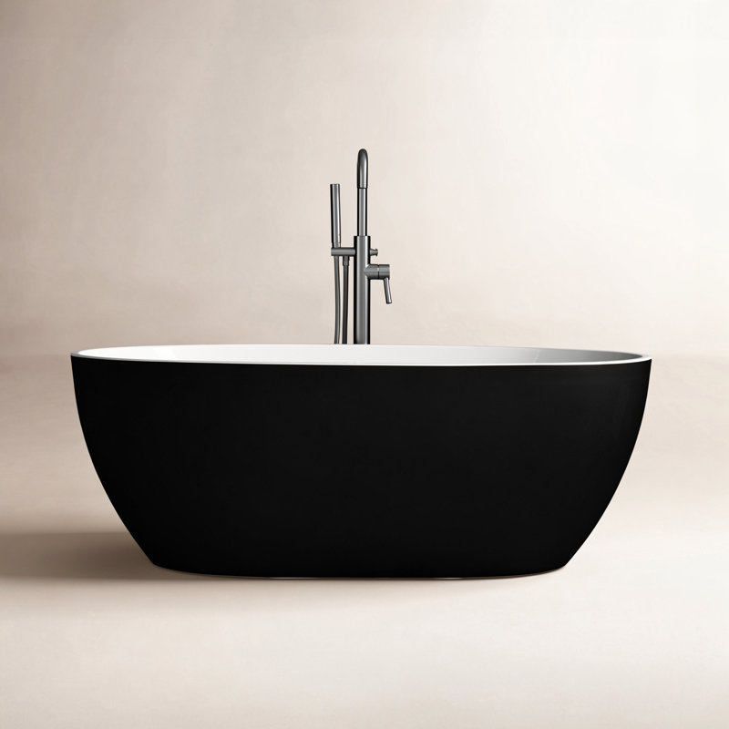 59" x 32" Freestanding Soaking Bathtub, Black, Brushed Nickel