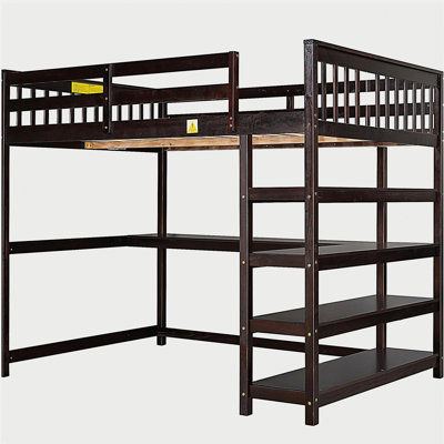 Lit mezzanine double avec tablettes de rangement et bureau sous le lit, espresso