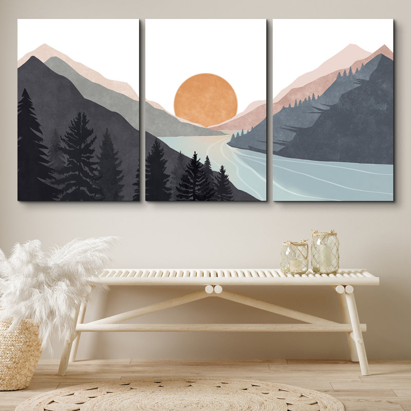 Sun Mountain Landscape Range Abstract Lake Nature Wall Art Decor Framed Canvas 3 Pieces Print Set, 24" H x 48" W x 1.5" D
