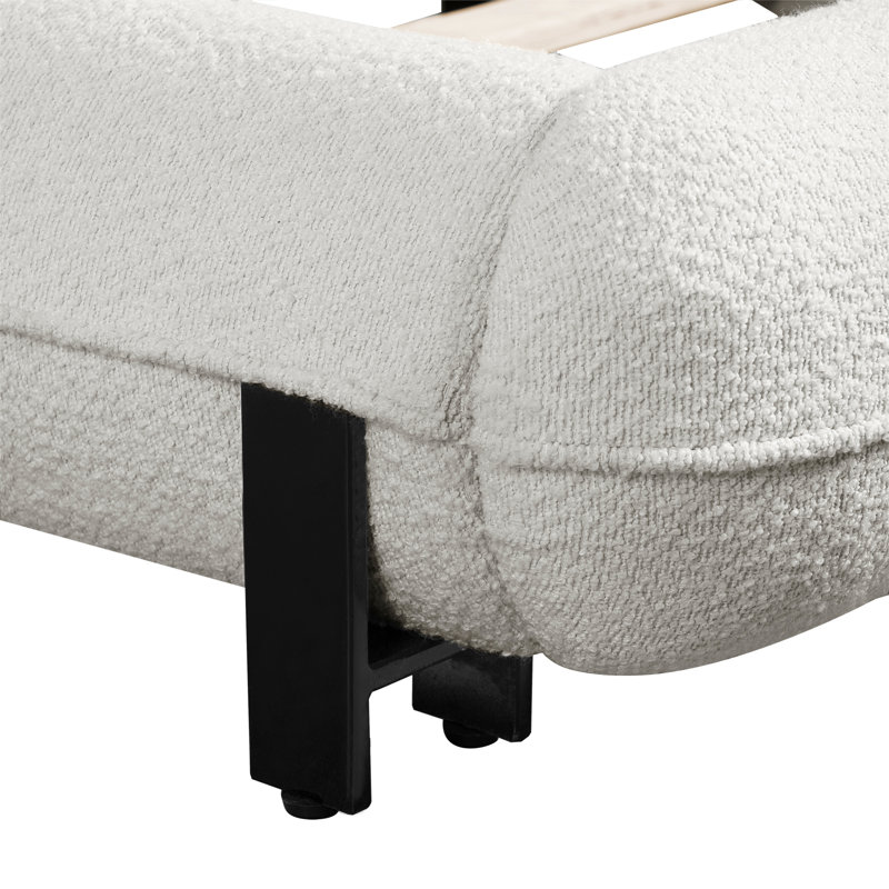 Bed Frame With Boucle Fabric, Upholstered Platform Bed With Curve-Shaped Design & Thick Headboard, King
