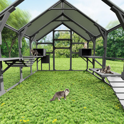 Extra Large Cat House For Multiple Kittens - Gray Wooden Enclosure With 7 Platforms, 2 Cozy Condos, Bridge, Ramp And Walk In Design, Roomy Interior Patio Cats Resting Boxes, Cage, Waterproof Roof