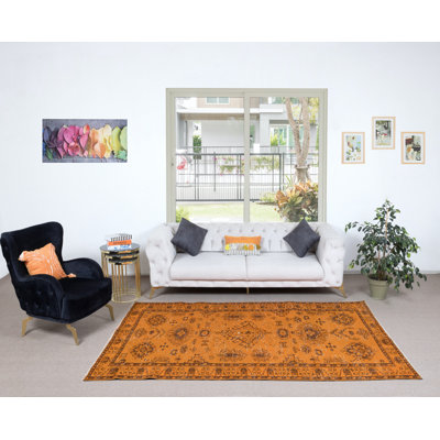 Tapis turc orange 5,5 x 8,5 pi fabriqué à la main avec médaillons et motifs floraux