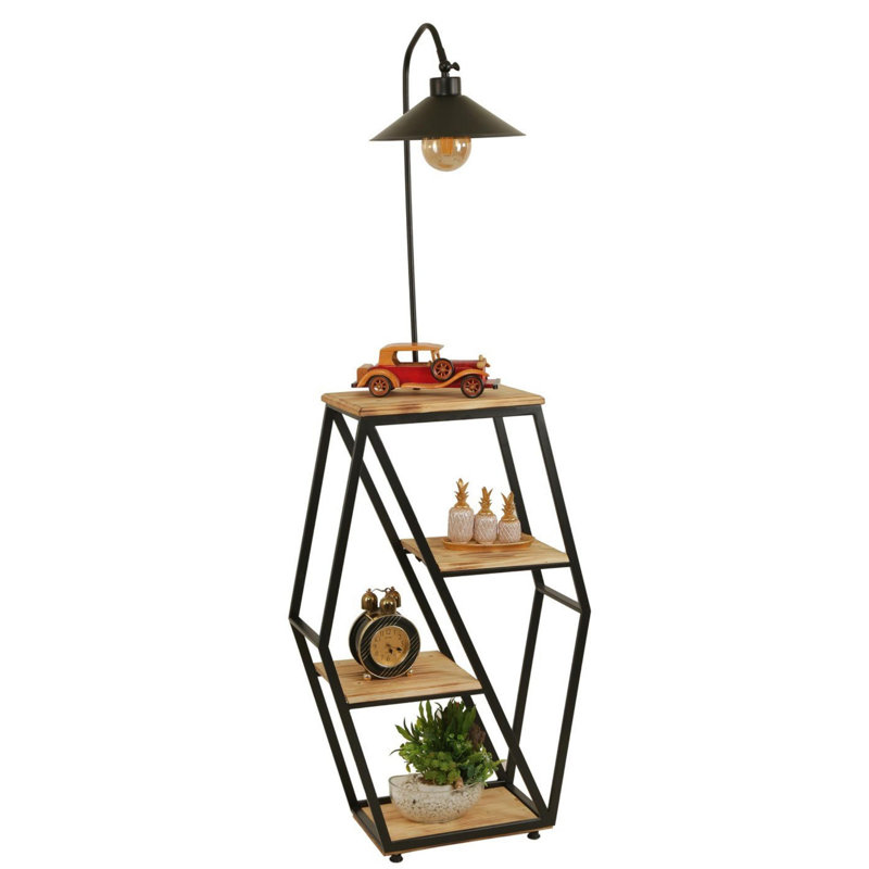 Luro Elegant Floor Lamp with 100% Fir Wood Bookstand, Wicker Color, 65 x 39.4 x 65 inches | Durable Metal Body, Max 60W E27 Socket | Perfect for Living Room, Bedroom, or Home Office, Stylish & Functional Design