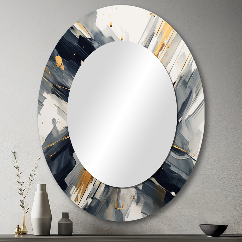 Or et gris Abstractions I - miroir mural ovale moderne, 43 po x 33 po