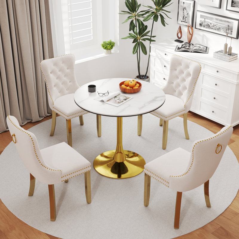 32in Round Pedestal Dining Set, Beige, 3