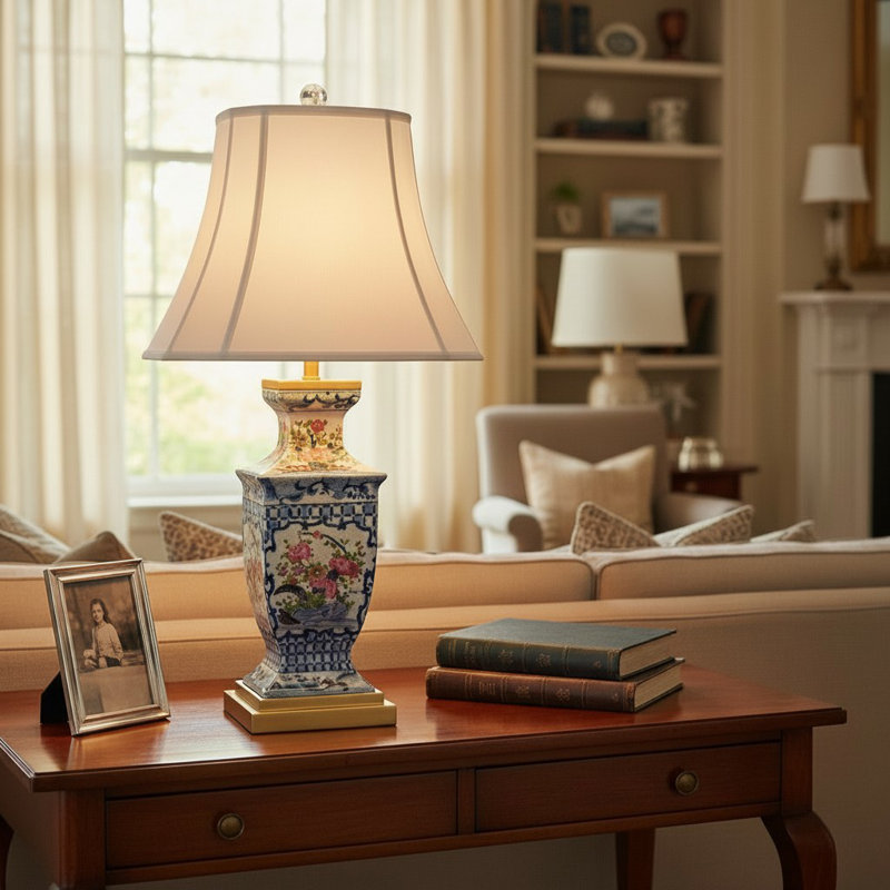 Garden Trellis Hand Painted Porcelain Table Lamp with Gold Base
