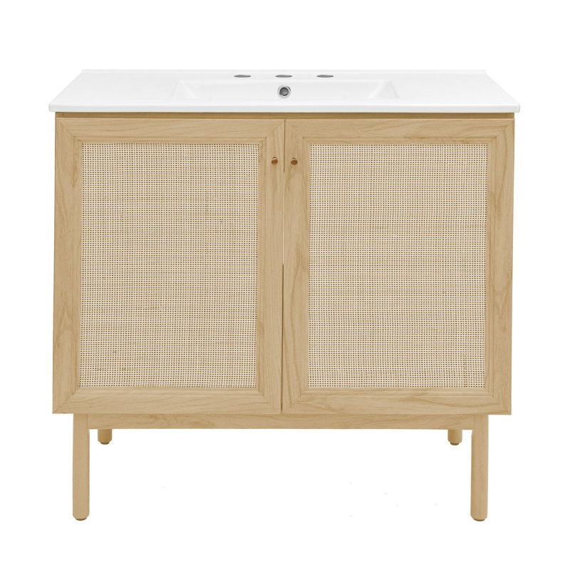 Meuble-lavabo autoportant en chêne naturel Classe 36 avec comptoir à 3 trous Class, Blanc, 8" Widespread, Chêne naturel