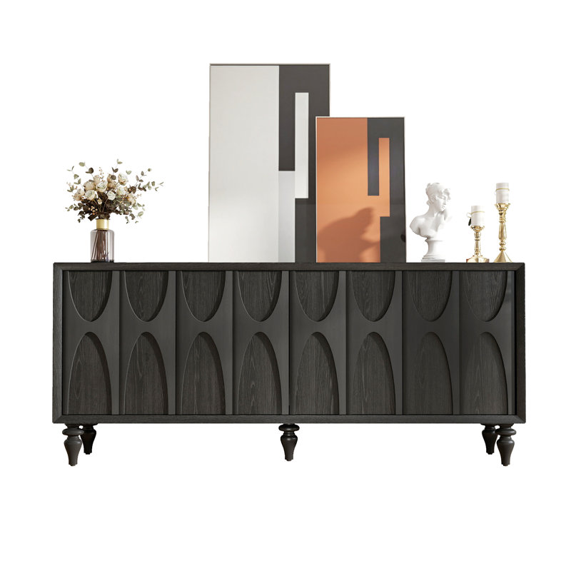 Solid Wood Fluted Buffet Cabinet with 4 Doors, Black Finish, Black