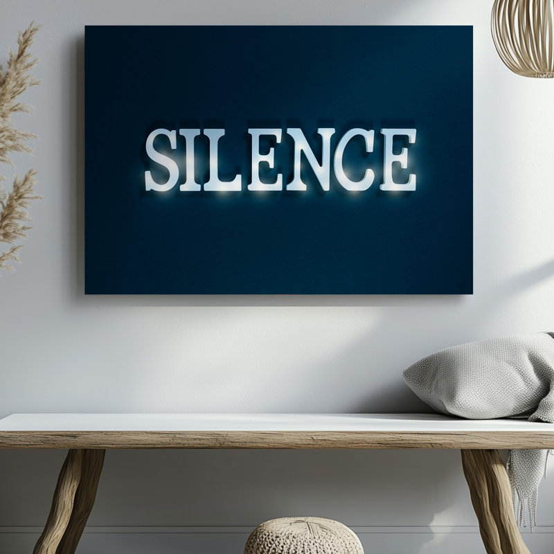Toile, "Design A Minimalist Design" mettant en vedette le mot SILENCE dans un art mural élégant et moderne, centré sur un fond noir profond