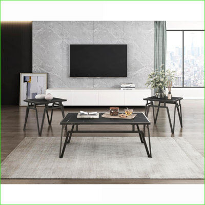 Ensemble de tables basses 3 pièces en pierre frittée noire avec base en métal bronze, facile à nettoyer pour le salon