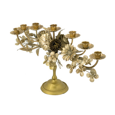 18.5x4.3x11" Ornate 7-Light Iron Taper Candle Holder With Gold Floral Design