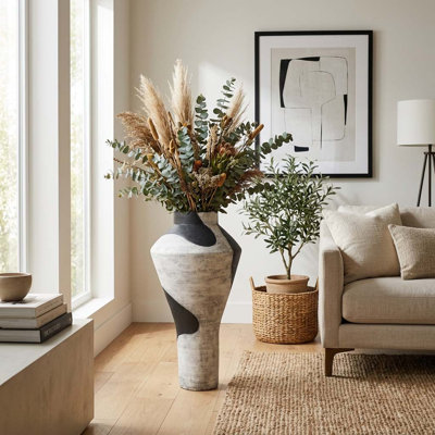 Decorative Abstract Terracotta Floor Vase for Home Decor - Elegant Flared Tall Table Flower Vase for Living Room or Entryway Display - White & Black
