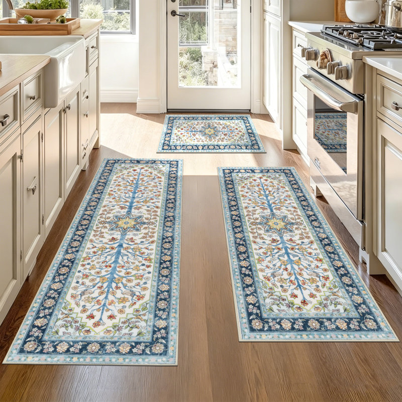 Machine Washable Non-Slip Kitchen Mat, Blue/Beige