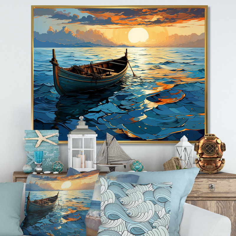 Coucher de soleil sur un bateau en mer - Bateau côtier, art mural, Cadre flottant doré, H 16 po x l 32 po x P 1 po