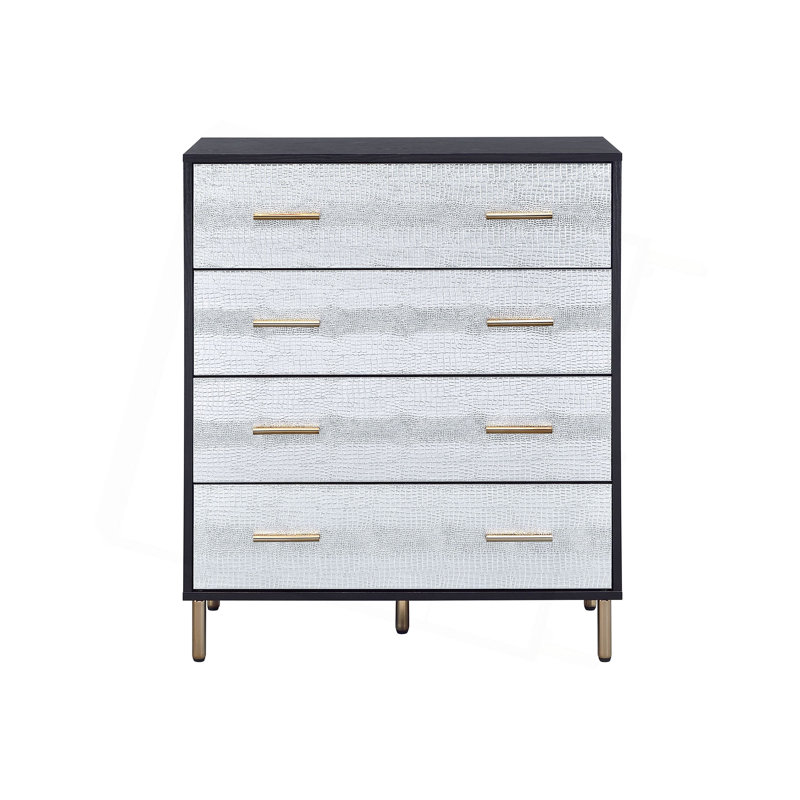 Commode Glam, coffre texturé argenté avec poignées dorées