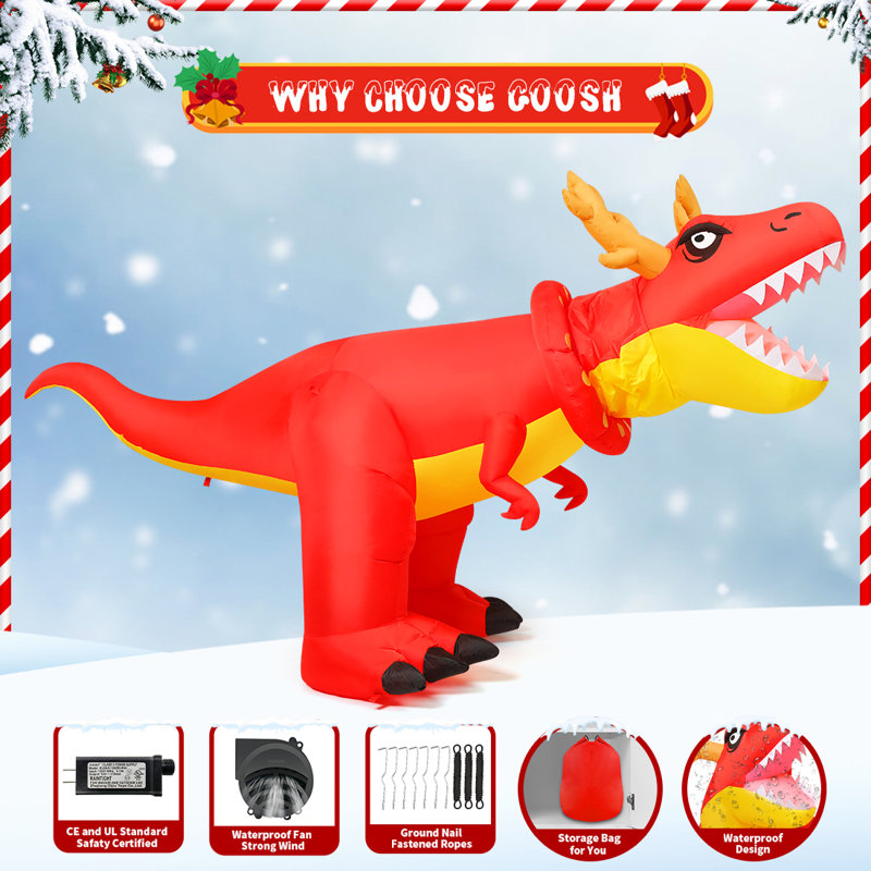 Christmas Inflatable 9.5 FT Christmas Dinosaur Inflatable Moving Head with Built-in LEDs