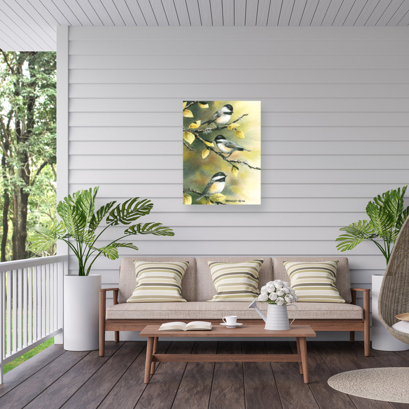 Toile d'extérieur «Trois mésanges» par Dave Bartholet, H 14 po x l 19 po