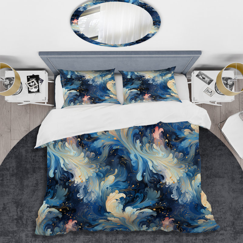 White And Blue Celestial Ikat Mirage - Ensemble de housse de couette abstrait