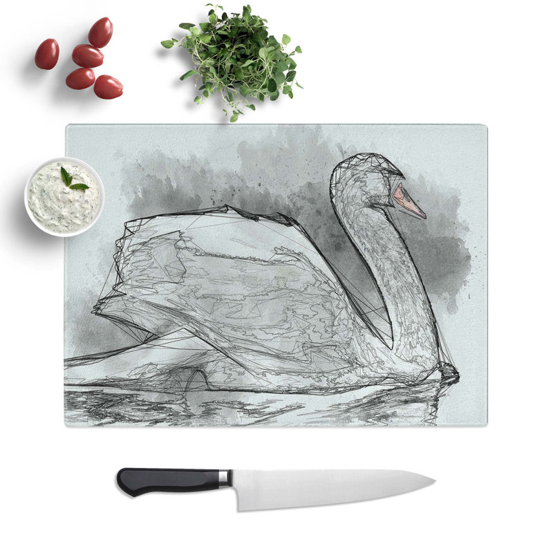 Tempered Glass White Swan Swimming in Abstract Chopping Board, 39 cm W x 28.5 cm L