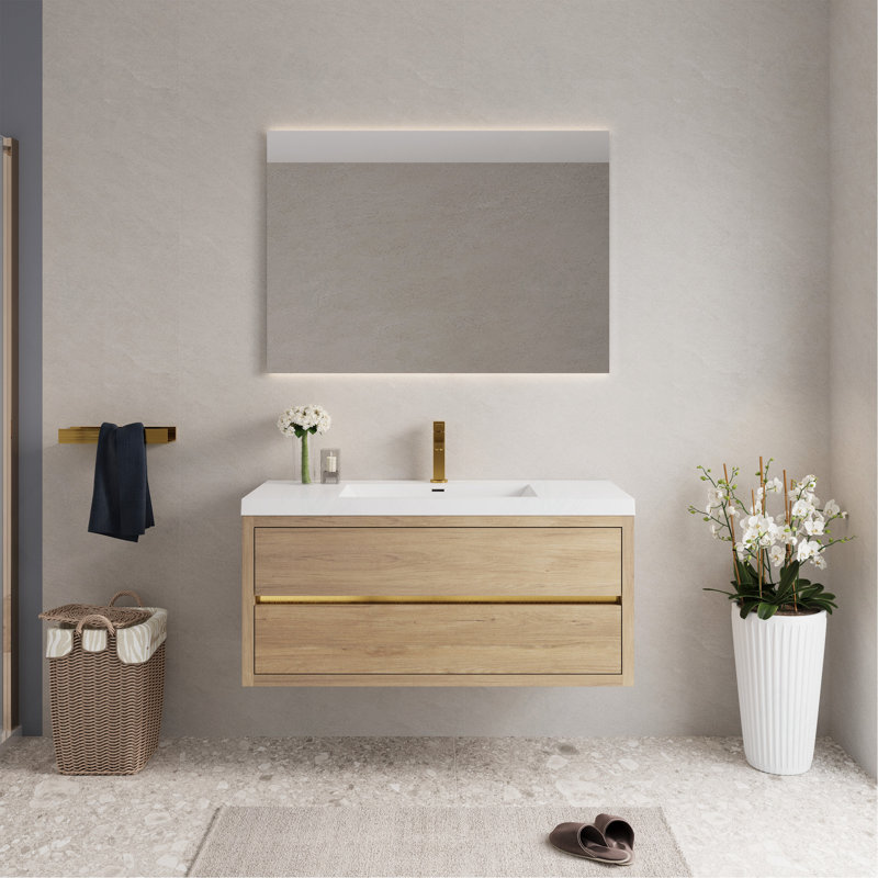 Meuble-lavabo mural 48 po avec lavabo, meuble de rangement flottant avec comptoir en résine de pierre et tiroirs à fermeture en douceur, chêne naturel