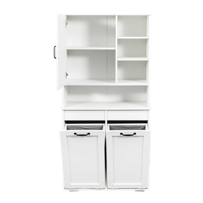 Armoire de buanderie avec portes et tablette, panier à linge inclinable, plusieurs espaces de rangement, style autoportant, tablette ouverte, tablette réglable