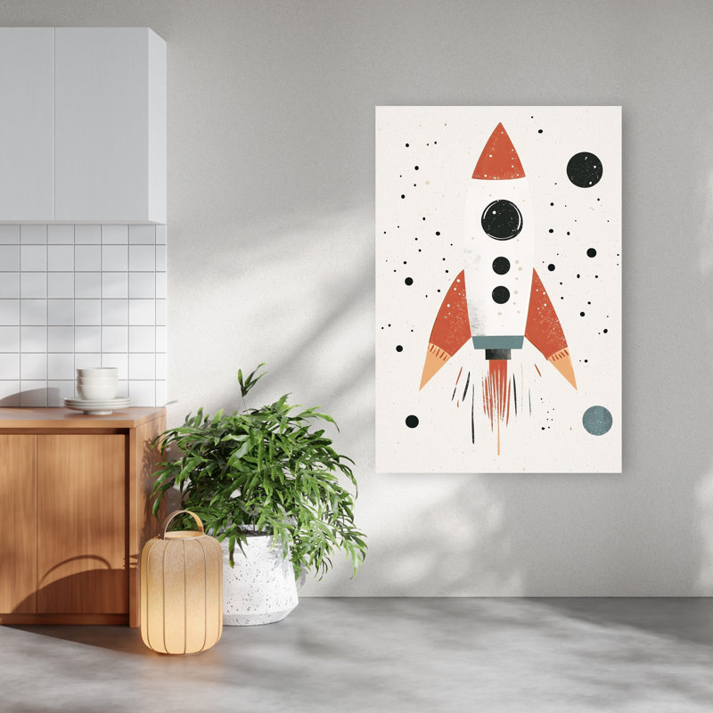 Cosmic Rocket Adventure Minimalist Retro Abstract Fly Landscape Nature Wall Art Print 1 Piece Wrapped Canvas Wall Art
