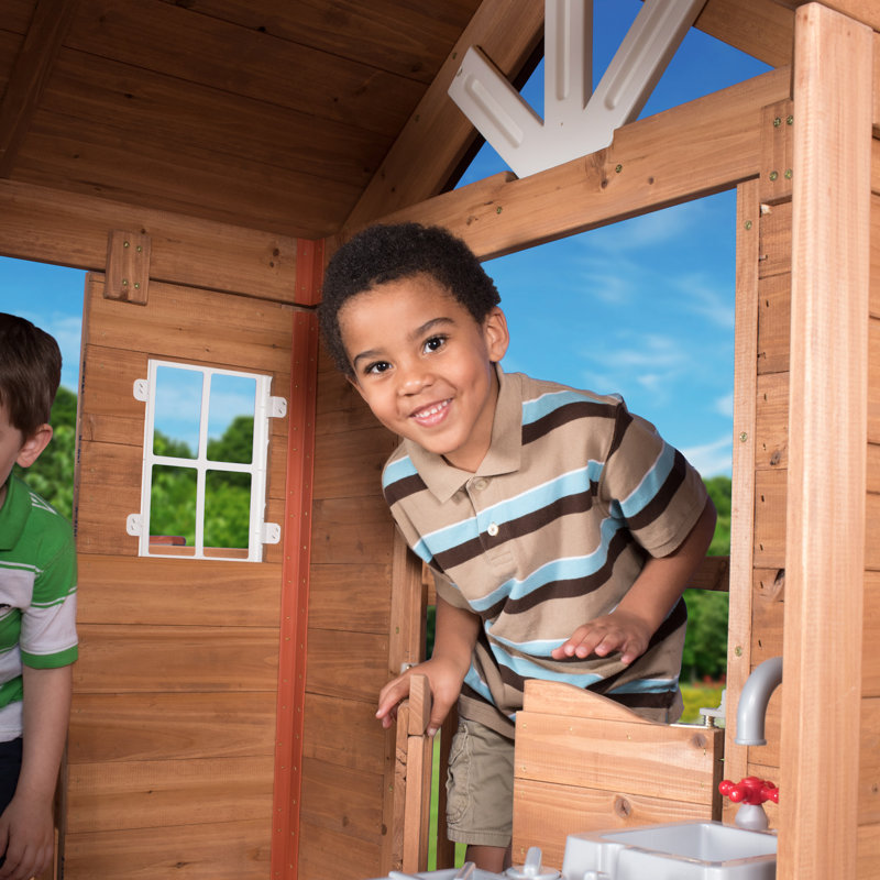 Scenic Heights Cedar Wooden Playhouse with Upper Deck and Stairs