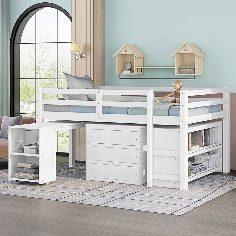 Lit mezzanine double bas avec cabinet