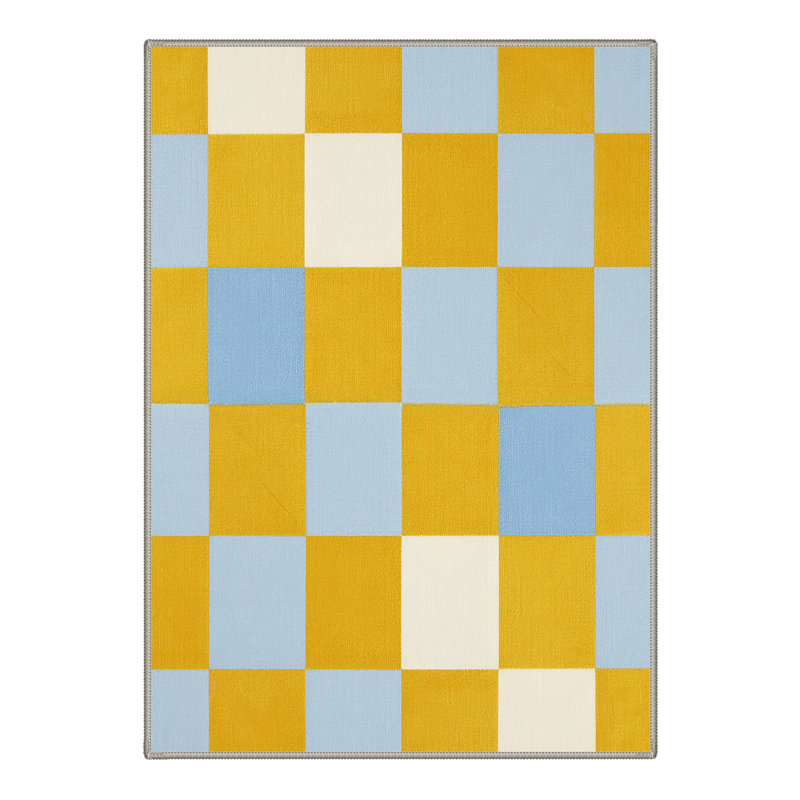 Liadan Gridlock Geometric Checkerboard Machine Washable Yellow / Blue / Beige Indoor Area Rug with Non-Slip Backing