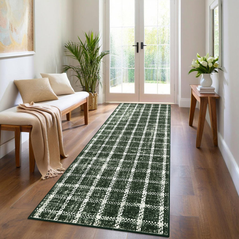 Machine Washable Rug Modern Plaid Rug Soft Area Rug Non Slip Soft Thin Rug Low Pile Foldable Rug for Living Room, Bedroom, Dining Room