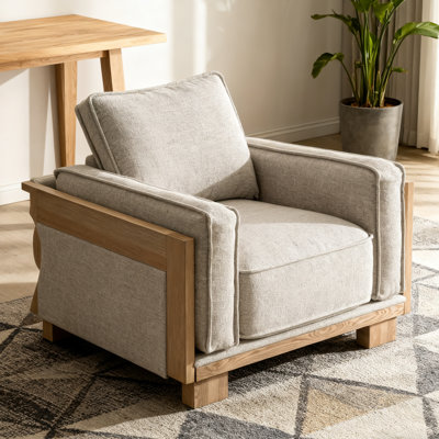 Chaise de style contemporain avec accoudoirs à garniture en bois de frêne et pieds en bois réversible avec dossier à coussin amovible brun clair et naturel