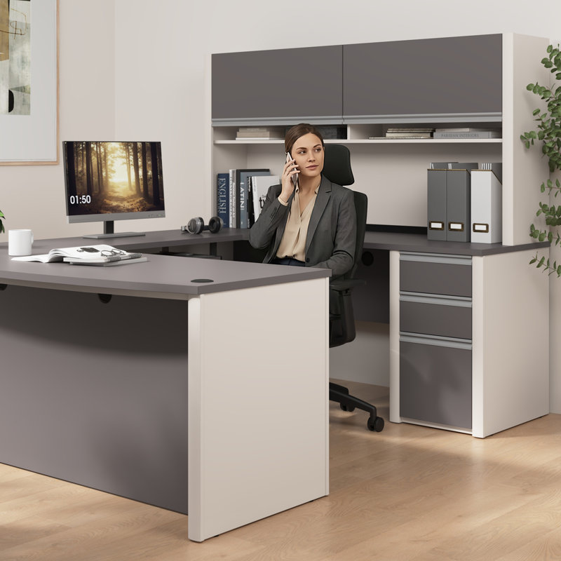 Bureau en U de 72 pouces avec tiroirs, huche et plateau à clavier en ardoise et grès, Ardoise / Grès