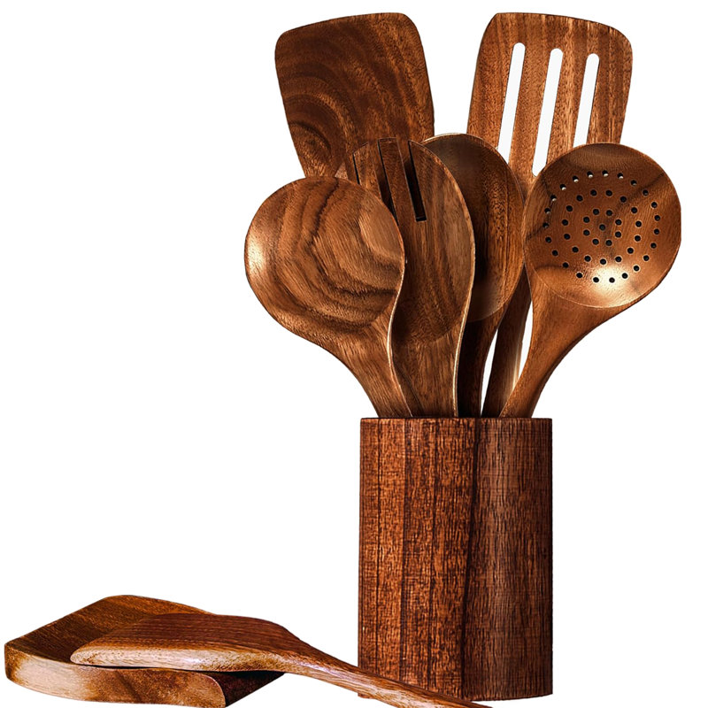 9 Pcs Wooden Cooking Utensil Set, Non-stick Heat Resistant, Environment-friendly, Dark Teak