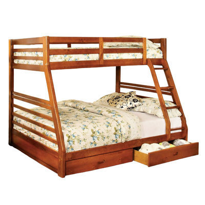 Transitional Twin Over Full Bunk Bed In Oak Finish, Two Under - Drawers And Attached , Solid Wood Main Material, Rails With Structure Style, An Construction, Safe