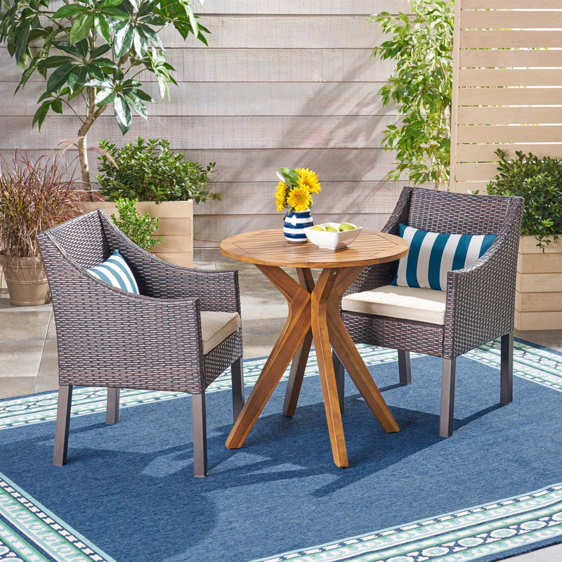 Ensemble bistro d'extérieur 3 pièces avec coussins, Teck / Cadre brun / Coussin beige