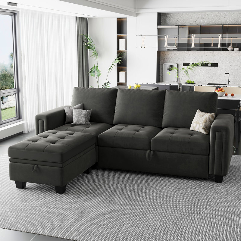 Canapé-lit modulaire en L avec repose-pieds avec rangement Shavera, Velours gris