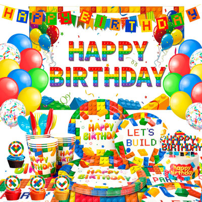 Décoration de fond pour fête d'anniversaire Lego, ensemble de 114 pièces comprenant vaisselle et accessoires de fête Lego pour enfants