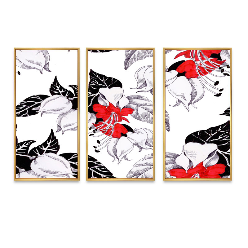 Fleurs rouges et blanches avec feuilles noires I - reproduction de cadre flottant 3 pièces sur toile, Cadre doré