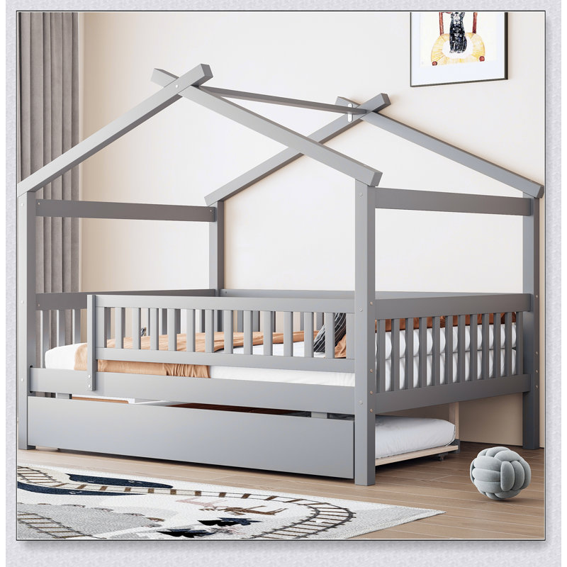 Wooden House Bed With Trundle, Gray