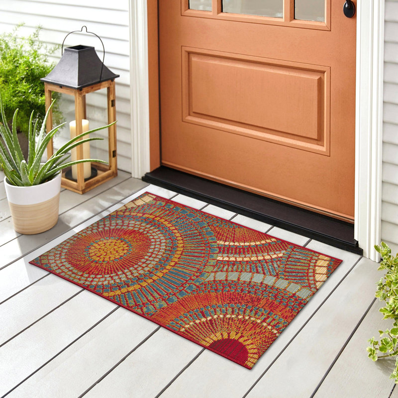 Lygia Abstract Synthetic Non-Skid Kitchen Mat, Red/Orange/Blue, Rectangle 2'5" x 3'11"