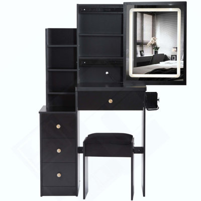Petit meuble-lavabo de petite taille avec tabouret de chevet gauche, tabouret 2 AC + 2 USB, support pour séchoir à cheveux, très grand miroir à DEL coulissant à commande tactile, interrupteur tricolore, réglage de la luminosité
