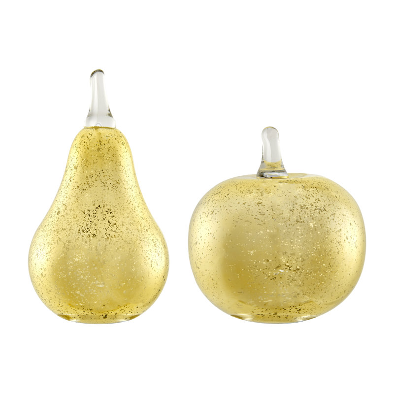Martarius 2-Piece Textured Metallic Glass Apple and Pear Sculptures, Gold